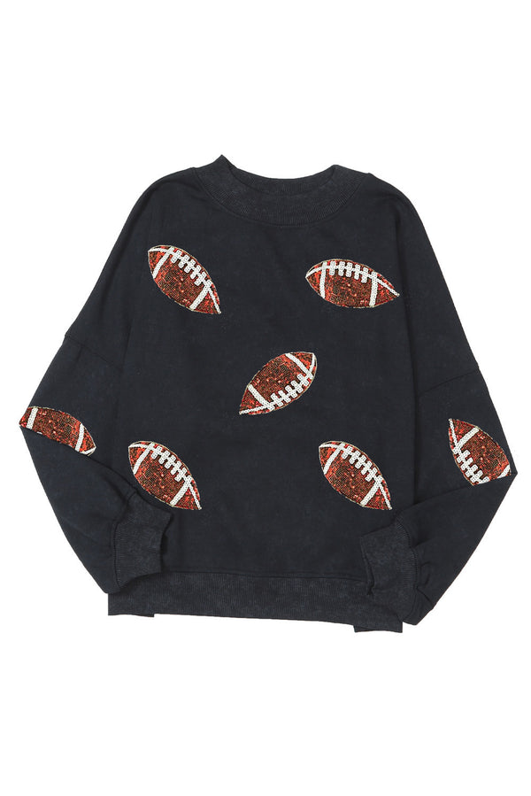 Black Rugby Football Print Drop Shoulder Crew Neck Sweatshirt