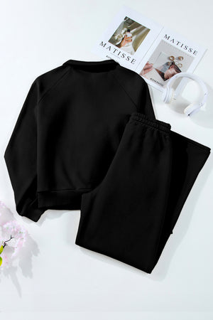 Black Solid Collared Sweatshirt and High Waist Pants Active Set