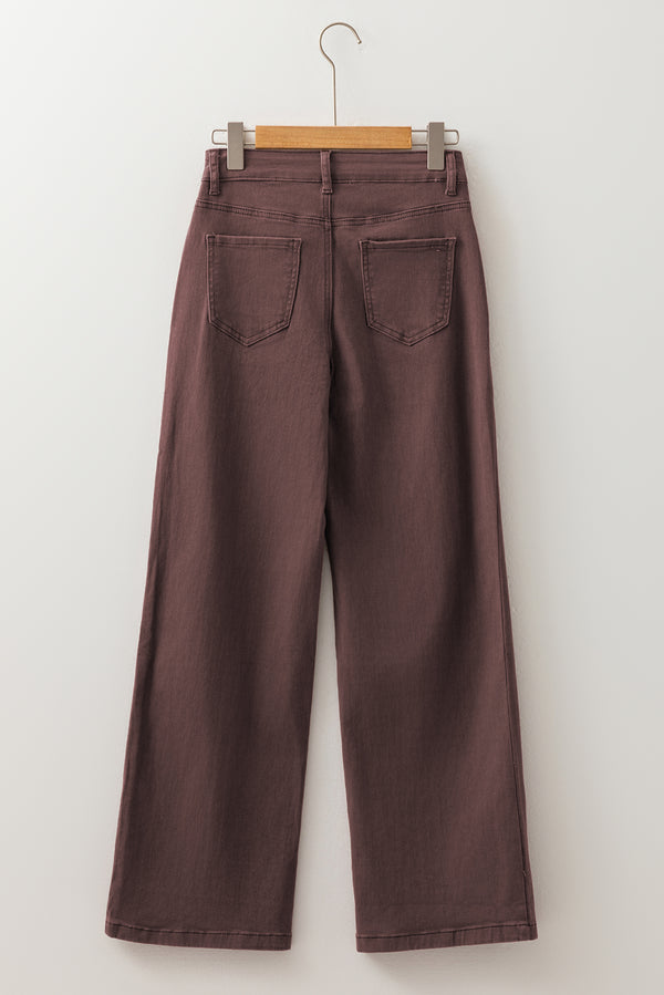 Coffee Loose Straight High Waist Solid Color Jeans