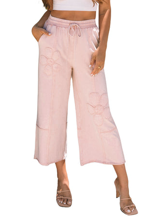 Pink Flower Patch Mineral Washed Terry Knit Cropped Wide Leg Pants