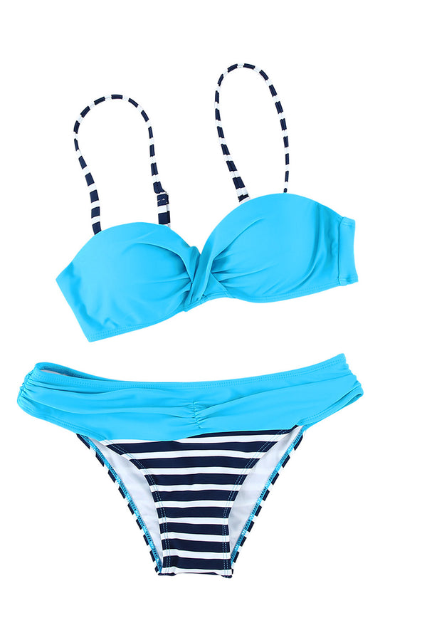 Striped Blue Padded Gather Push-up Bikini Set