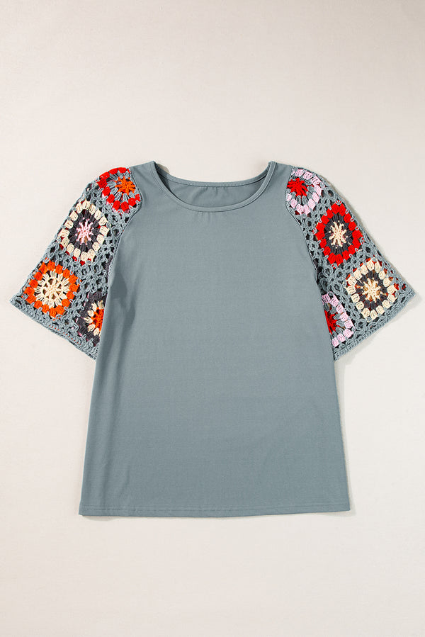 Medium Grey Floral Crochet Short Sleeve Top
