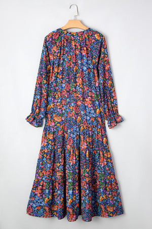 Blue Floral Print Tassel Tie V Neck Long Sleeve Flowy Long Dress