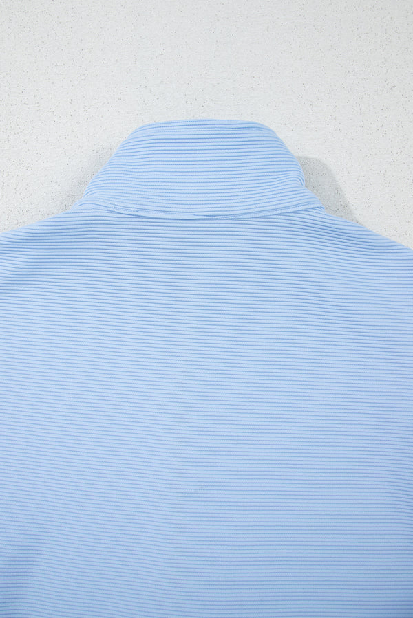 Beau Blue Ribbed Texture Half Zip Ruffled Short Sleeve Top and Shorts Set