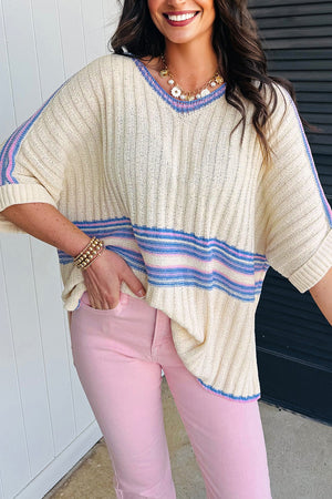White Striped V Neck Dolman Sleeve Rib Knit Oversized Sweater with Slits