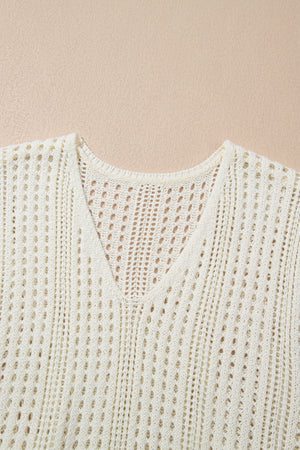 Beige Open Knit Drawstring Waist Beach Dress