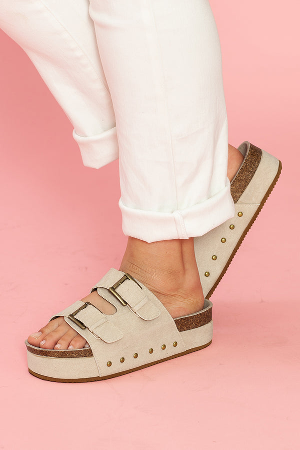 Beige Suede Buckle Decor Footbed Sandal Slippers
