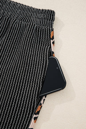 Carbon Grey Twisted Rib Texture Leopard Patchwork Detail 2pcs Pant Set