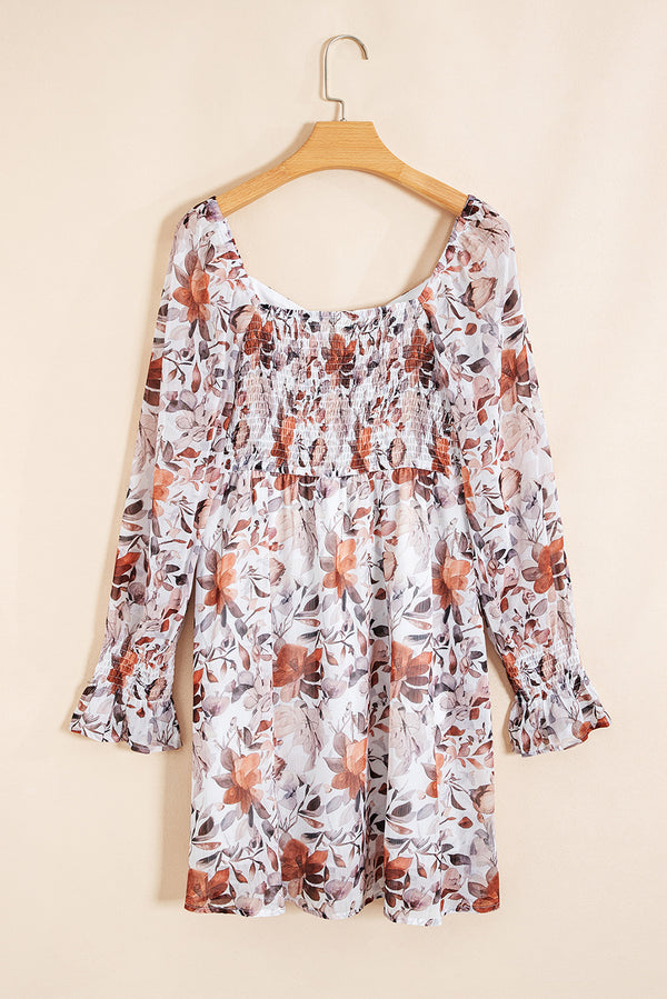 White Floral Print Sweetheart Neck Long Sleeve High Waist Mini Dress