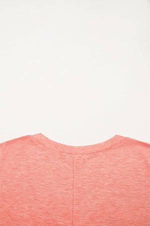 Fresh Salmon Floral Patchwork V Neck Long Sleeve T Shirt