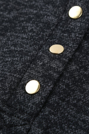 Black Heathered Print Button Snap Neck Pullover Hoodie