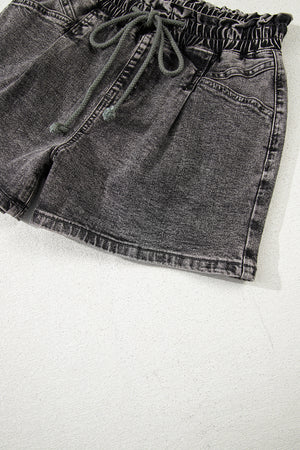 High Drawstring Elastic Waistband Casual Denim Shorts with Pockets