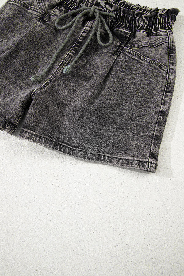 High Drawstring Elastic Waistband Casual Denim Shorts with Pockets