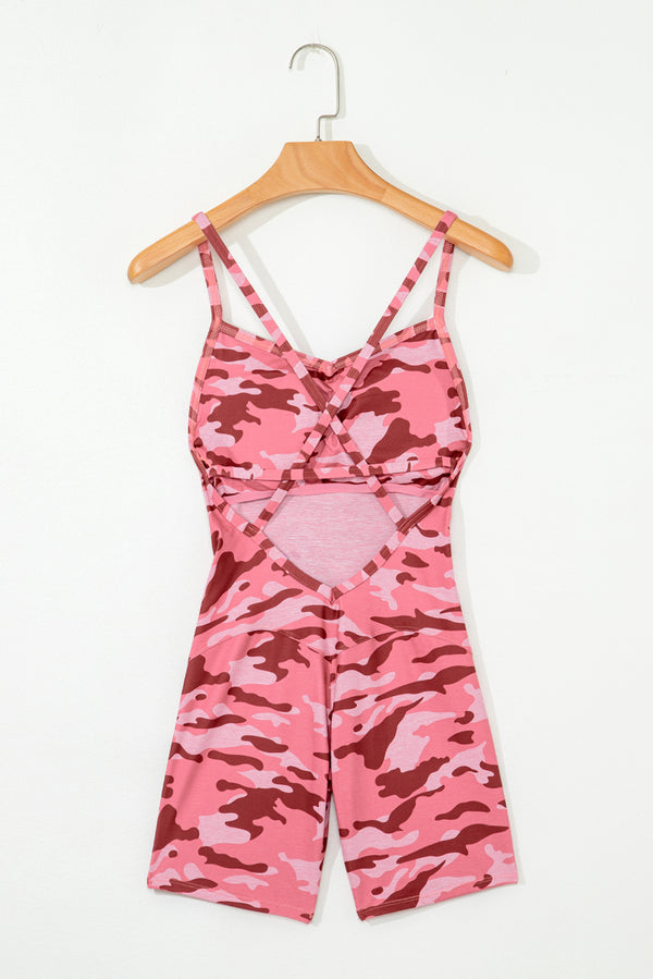 Pink Camouflage Strappy Open Back Active Romper