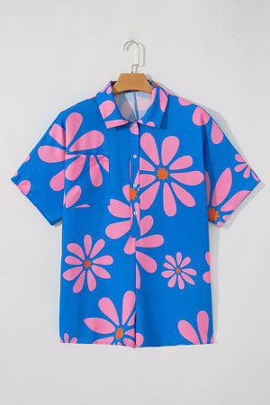 Blue Summer Flower Print Shirt Collar Button Front Loose Romper