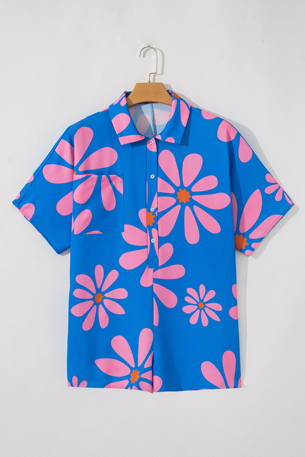 Blue Summer Flower Print Shirt Collar Button Front Loose Romper