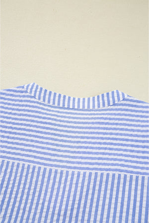 Sky Blue Stripe Bracelet Sleeve Tiered Shift Dress with Pockets