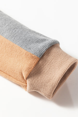 Buckskin Color Block Thermal Textured Knit Drop Shoulder Henley Top
