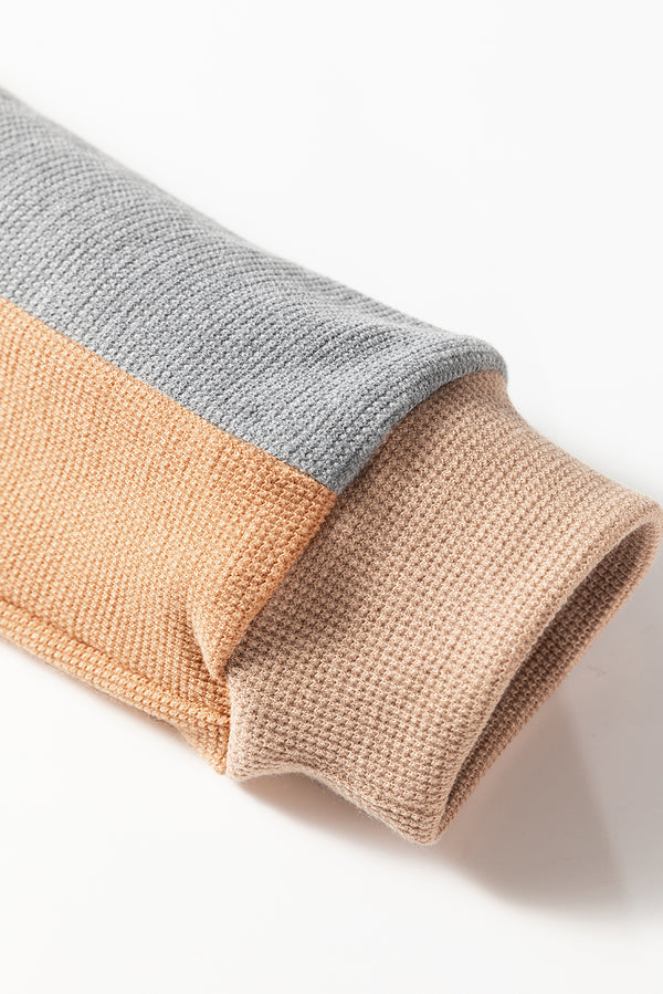 Buckskin Color Block Thermal Textured Knit Drop Shoulder Henley Top