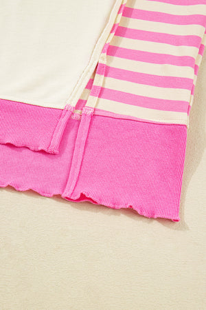 Pink Stripe Contrast Polo Collar Drop Shoulder Patchwork Plus Size Pullover