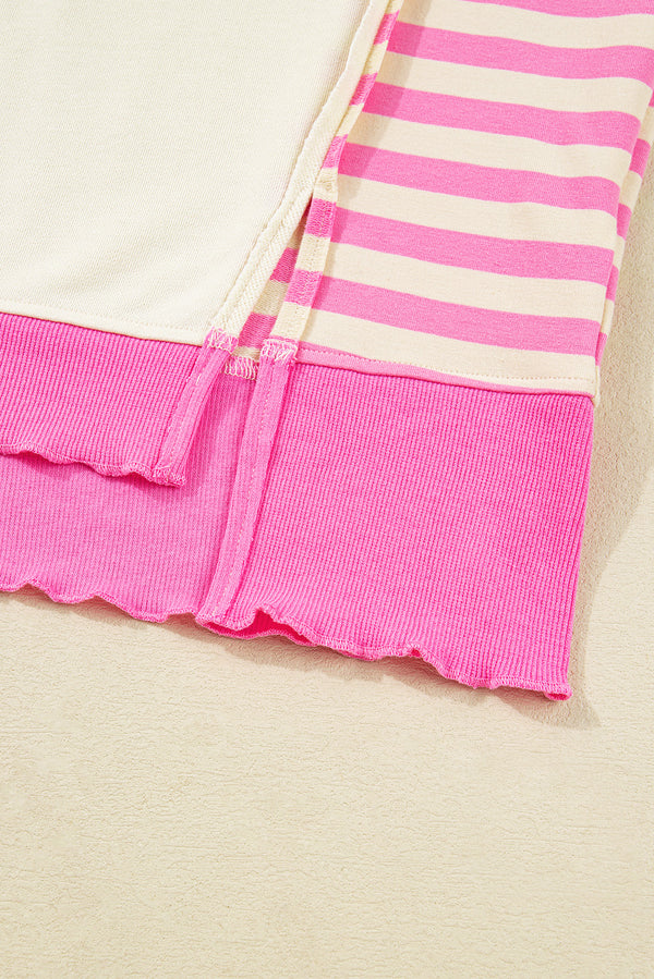 Pink Stripe Contrast Polo Collar Drop Shoulder Patchwork Plus Size Pullover