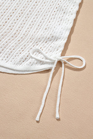 White Hollowout Knit Bell Sleeve Drawstring Short Beach dress
