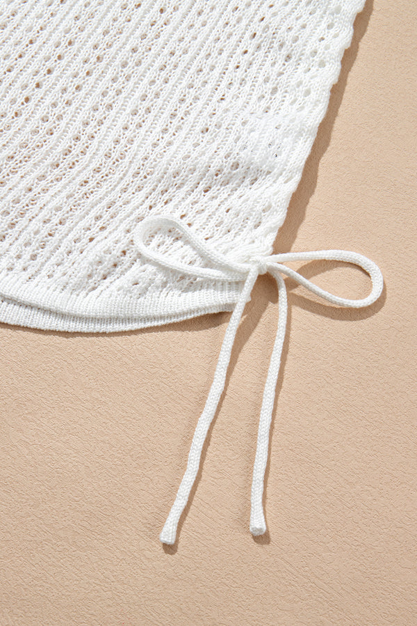 White Hollowout Knit Bell Sleeve Drawstring Short Beach dress