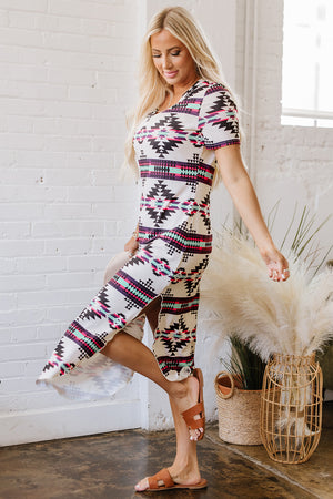 Beige Western Aztec Printed Long T-shirt Dress
