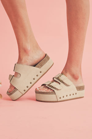 Beige Suede Buckle Decor Footbed Sandal Slippers