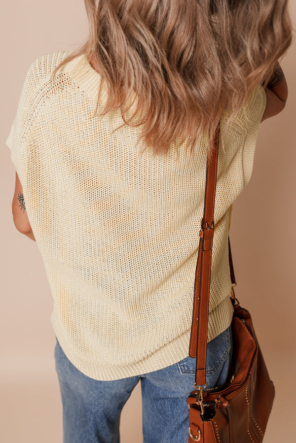 Oatmeal Solid Color Batwing Short Sleeve Round Neck Knit T Shirt