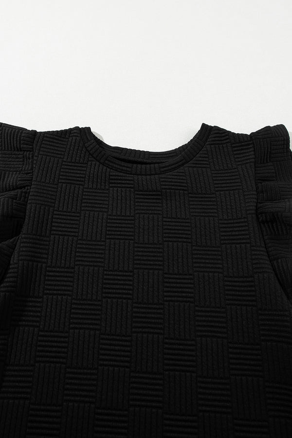 Black Textured Ruffled Sleeve Tee and Drawstring Elastic Waistband Shorts Set