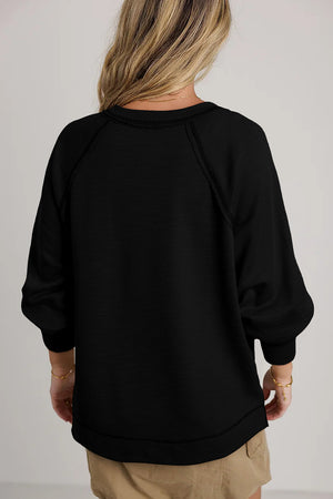 Black Exposed Seam Textured Knit V Neck Pullover Top