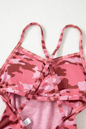 Pink Camouflage Strappy Open Back Active Romper