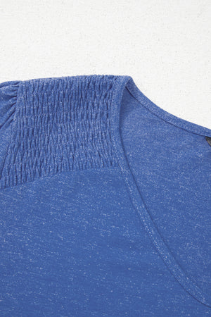 Sky Blue Shirred Shoulder Frilled Cuffs Long Sleeve Top