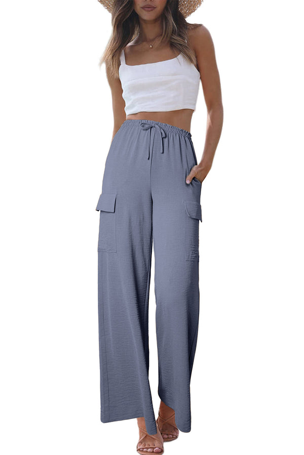 Dark Grey Drawstring Frilled Elastic Waistband Wide Leg Utility Trousers