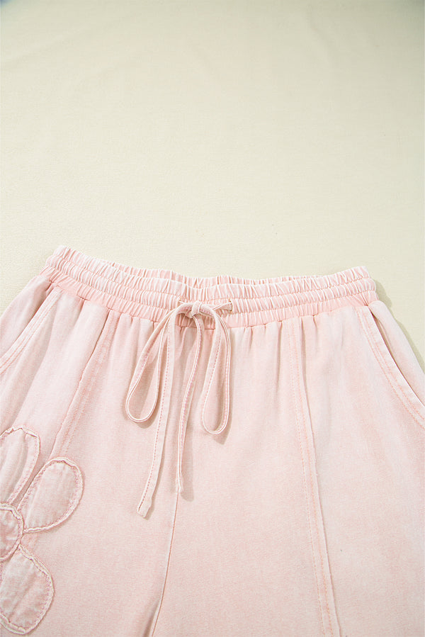 Pink Flower Patch Mineral Washed Terry Knit Cropped Wide Leg Pants