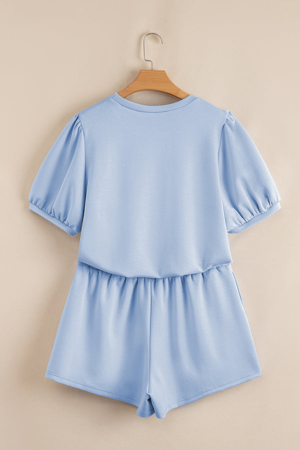 Beau Blue Puff Sleeve Pearl Embellished Scallop Trim Top 2 Piece Skort Set