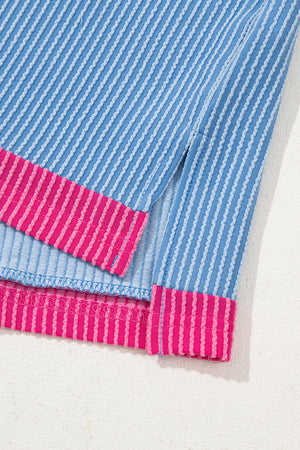 Sky Blue Textured Contrast Trim Round Neck T Shirt