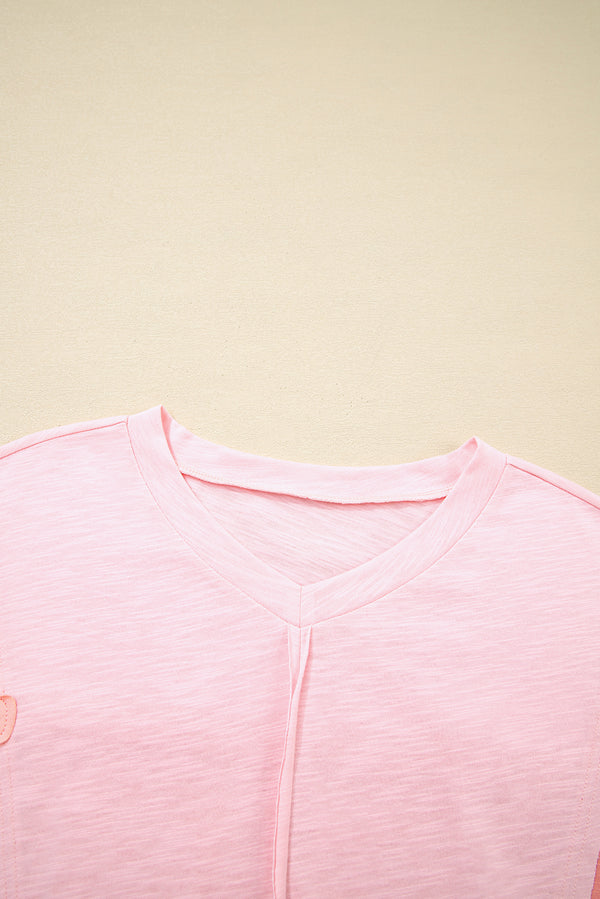 Pink Flower Patched Exposed Seam Bracelet Sleeve Oversized T Shirt
