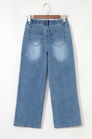 Stone Blue Star Patchwork Cropped Wide Leg High Waist Jeans
