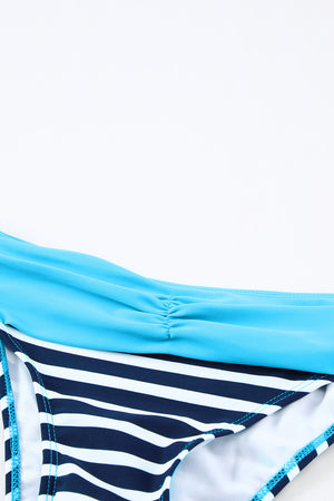 Striped Blue Padded Gather Push-up Bikini Set