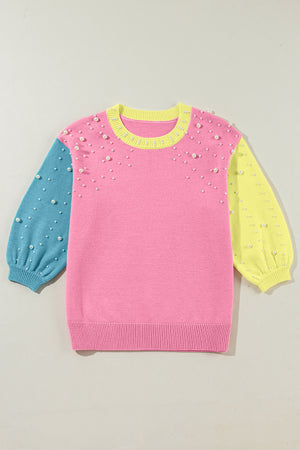 Rose Red Pearled Colorblock Crew Neck Half Sleeve Sweater