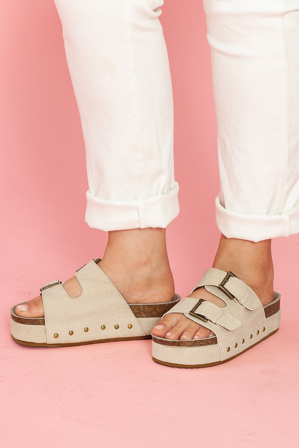 Beige Suede Buckle Decor Footbed Sandal Slippers