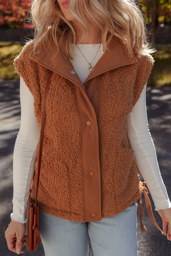 Cinnamon Faux Fur Snap Button Front Knot Side Plush Vest with Pockets