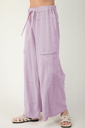 Pink Mineral Wash Exposed Seam Drawstring Elastic Waistband Wide Leg Cargo Pants