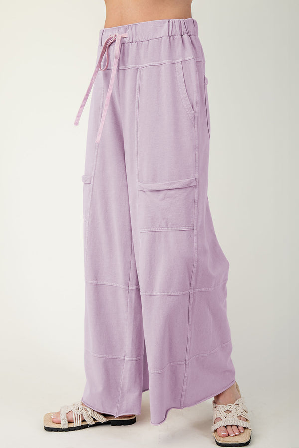 Pink Mineral Wash Exposed Seam Drawstring Elastic Waistband Wide Leg Cargo Pants
