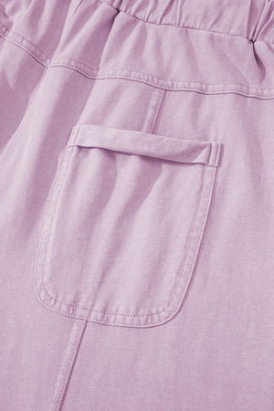 Pink Mineral Wash Exposed Seam Drawstring Elastic Waistband Wide Leg Cargo Pants