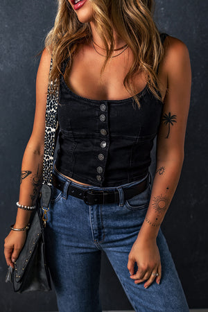 Black Acid Wash Buttoned Cropped Slim Denim Tank Top