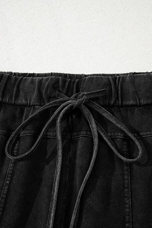 Black Mineral Wash Exposed Seam Drawstring Elastic Waistband Wide Leg Cargo Pants