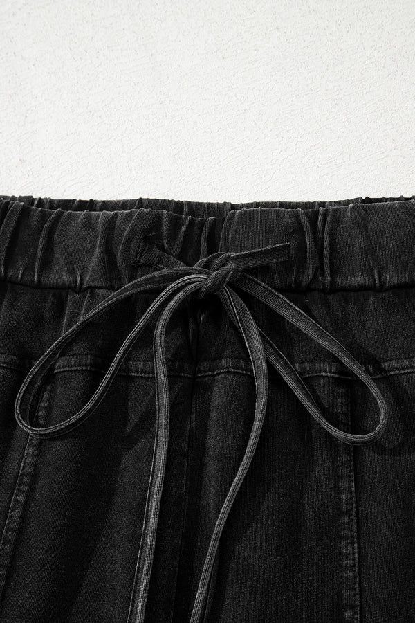 Black Mineral Wash Exposed Seam Drawstring Elastic Waistband Wide Leg Cargo Pants